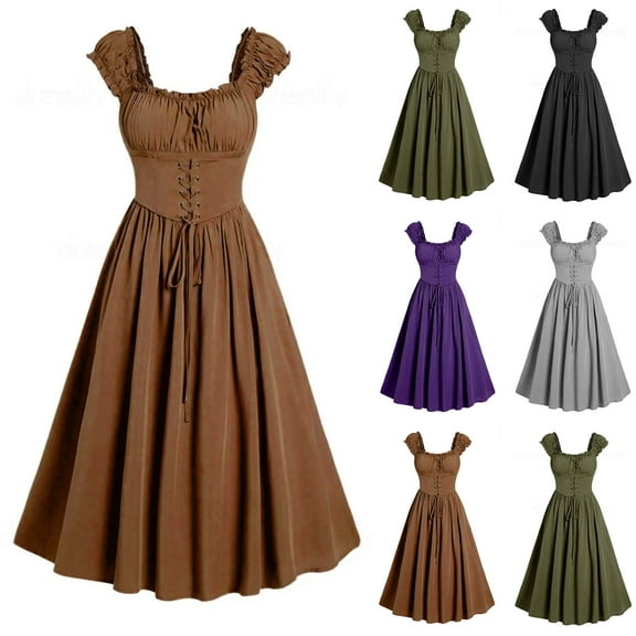 CFLVAEK Womens Retro Dresses Medieval Sleeveless Peasant Dress Renaissance Flowy Swing Gown Dress with Corset Khaki S