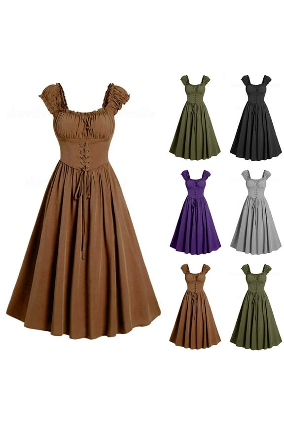 Womens Retro Dresses Medieval Sleeveless Peasant Dress Renaissance Flowy Swing Gown Dress with Corset Purple XXL