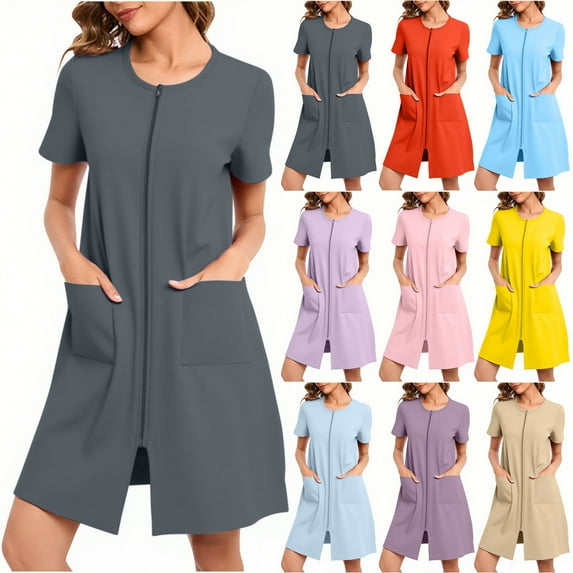 CFLVAEK Womens Robes Lightweight Short Sleeve Zipper Robe with Pockets Cozy Solid Color Sleepwear Loose Fit Loungewear for Women Pink L