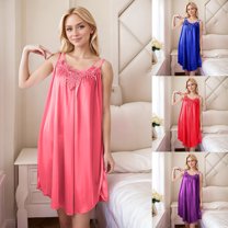 CFLVAEK Womens Satin Nightgowns Sleeveless Pleated Nightgown V Neck Chemise Nightshirts Soft Sleep Tank Dress for Ladies Free Size
