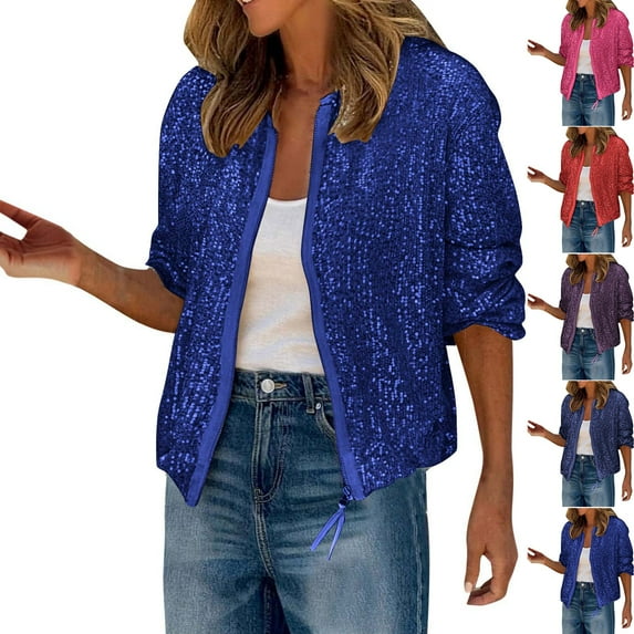 CFLVAEK Womens Sequin Jackets Fashion Glitter Sparkly Cocktail Party Jacket Casual Zip Up Stand Collar Coat Loose Fit Long Sleeve Club Party Outfits Dark Blue XL