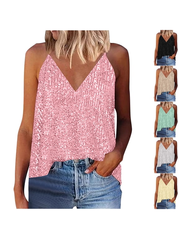 Womens Sequin Tank Top Summer Trendy Sparkle V Neck Shirts Loose Fit Glitter Cami Tops Sleeveless Party Club Tops Beige M