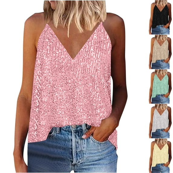 CFLVAEK Womens Sequin Tank Top Summer Trendy Sparkle V Neck Shirts Loose Fit Glitter Cami Tops Sleeveless Party Club Tops Yellow M