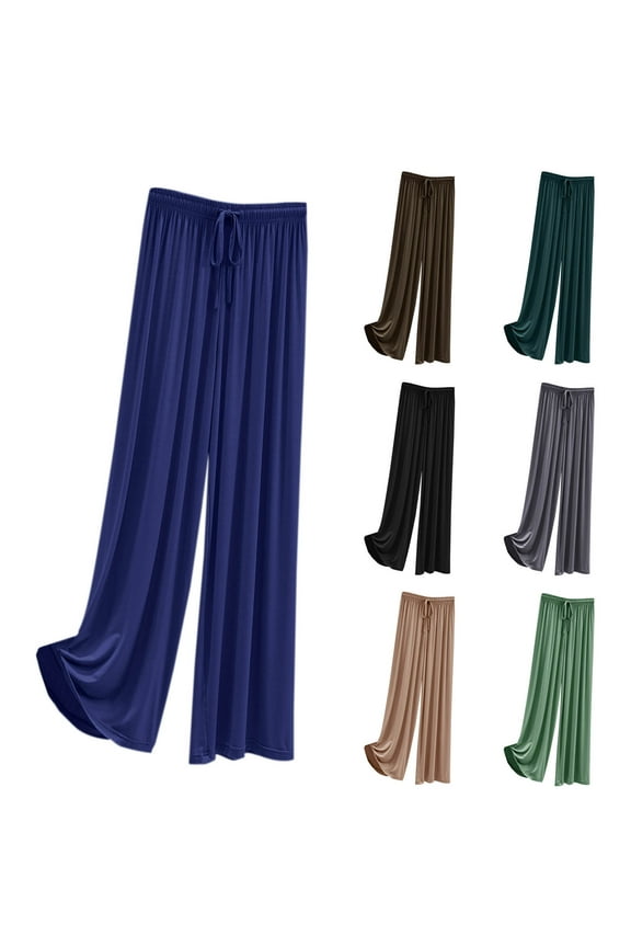 Womens Soft Modal Pants Casual Wide Leg Lounge Pant Comfy Drawstring Elastic Waist Trousers with Pockets Black L