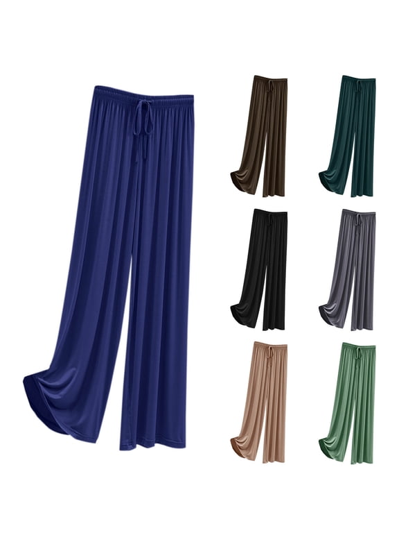 Womens Soft Modal Pants Casual Wide Leg Lounge Pant Comfy Drawstring Elastic Waist Trousers with Pockets Khaki XL