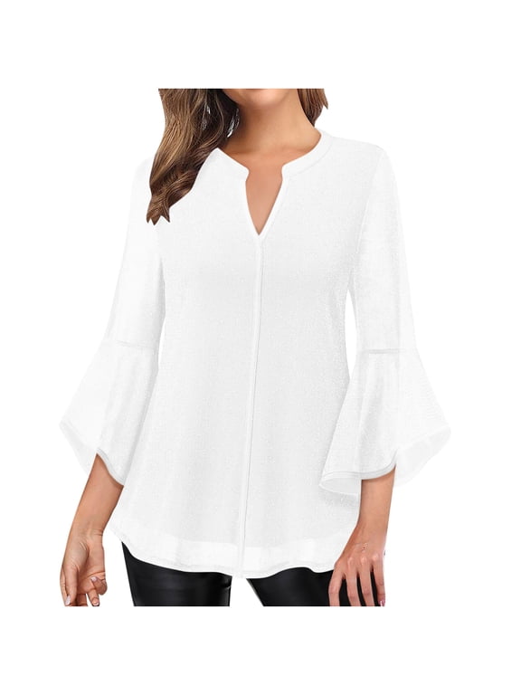 Womens Sparkly Shirts Elegant Double Layerd Ruffled Hem Blouse Tops Casual 3/4 Sleeve Notch Neck Evening Party Tunic Blouses XXL