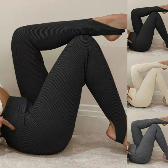 CFLVAEK Womens Stirrup Yoga Pants Solid Color Knit Stripped Leggings Casual High Waisted Workout Leggings Butt Lifting Gym Sports Pants Beige S