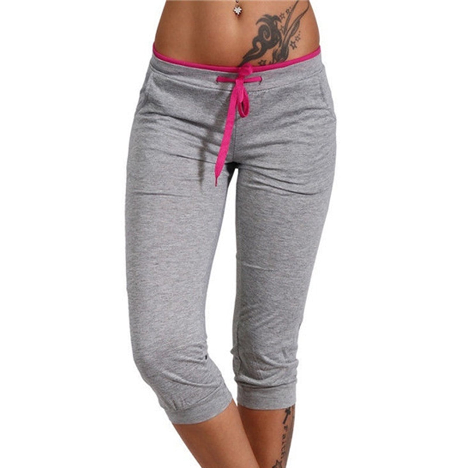 CFLVAEK Womens Summer Plus Size Capri Leggings Casual Drawstring Sweatpants Athletic 3 4 Length Joggers Solid Low Rise Capri Pants Walmart