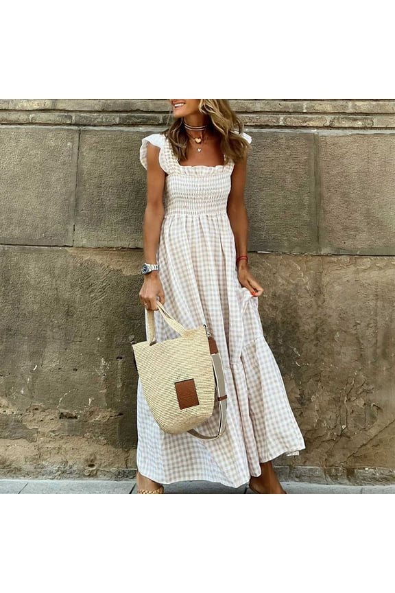 Womens Summer Smocked Dress Check Print Women Maxi Dress Casual Ruffle Cap Sleeve Square Neck Flowy Long Dresses for Women