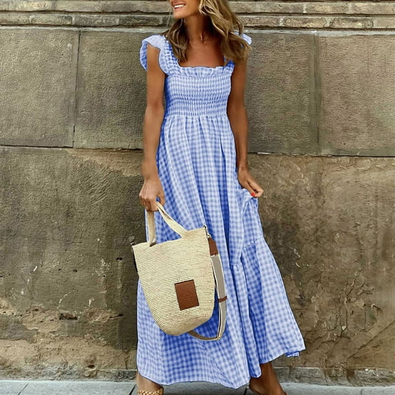CFLVAEK Womens Summer Smocked Dress Check Print Women Maxi Dress Casual Ruffle Cap Sleeve Square Neck Flowy Long Dresses for Women