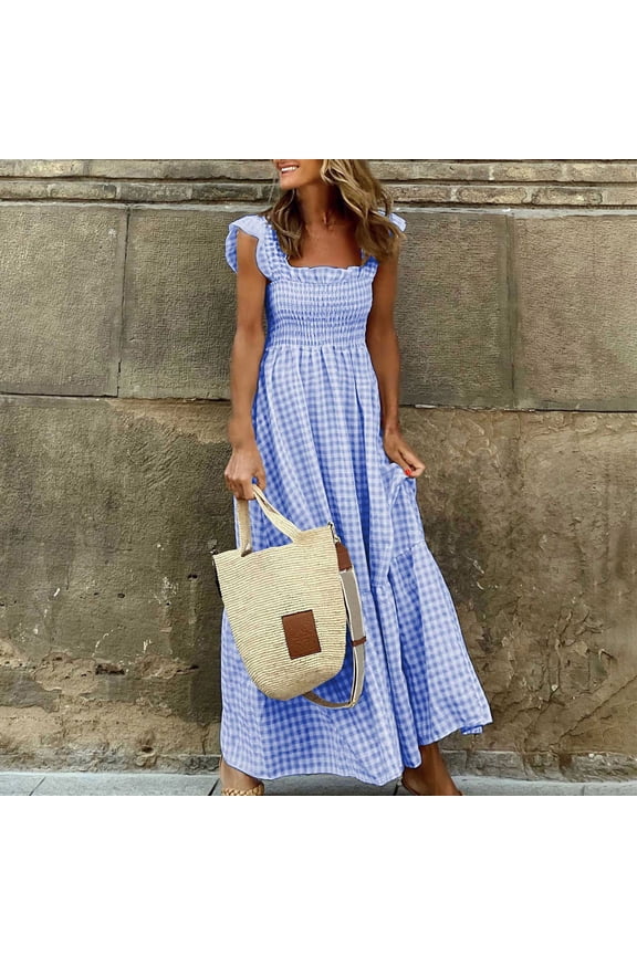 Womens Summer Smocked Dress Check Print Women Maxi Dress Casual Ruffle Cap Sleeve Square Neck Flowy Long Dresses for Women