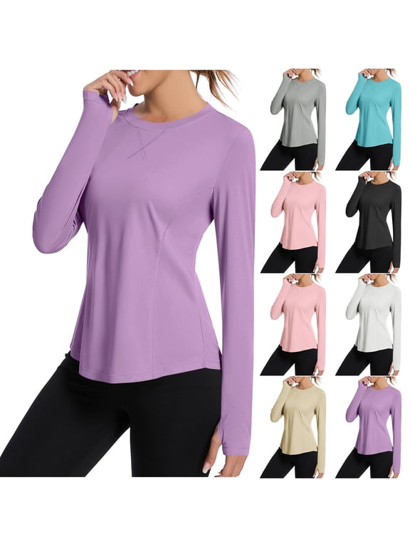 Womens Sun Protection Shirts with Thumbhole Casual Long Sleeve Round Neck Sun Shirts UPF 50+ Outdoor Yoga Shirts