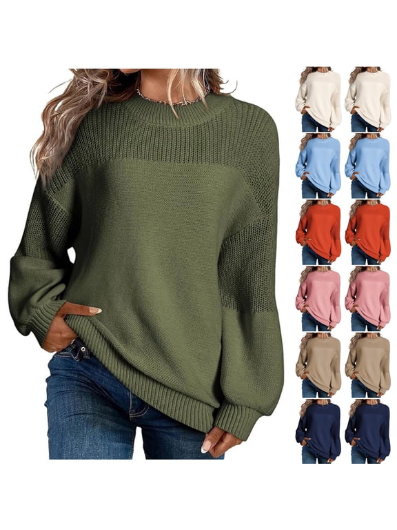 Womens Sweaters Fall Casual Patchwork Lantern Sleeve Pullover Sweater Oversized Crew Neck Knit Jumper Solid Color Warm Tops Army Green S