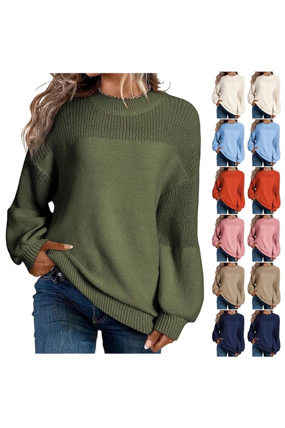 Womens Sweaters Fall Casual Patchwork Lantern Sleeve Pullover Sweater Oversized Crew Neck Knit Jumper Solid Color Warm Tops Army Green XXL