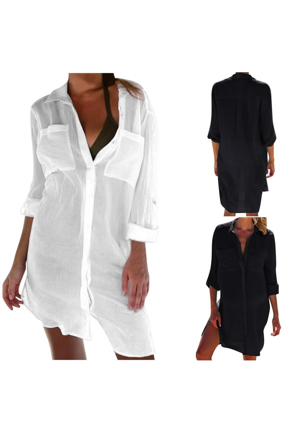 Womens Swimsuit Cover Up Long Button Down Bathing Suit Cover Ups Long Sleeve Summer Beach Shirt Dress with Pockets One Size