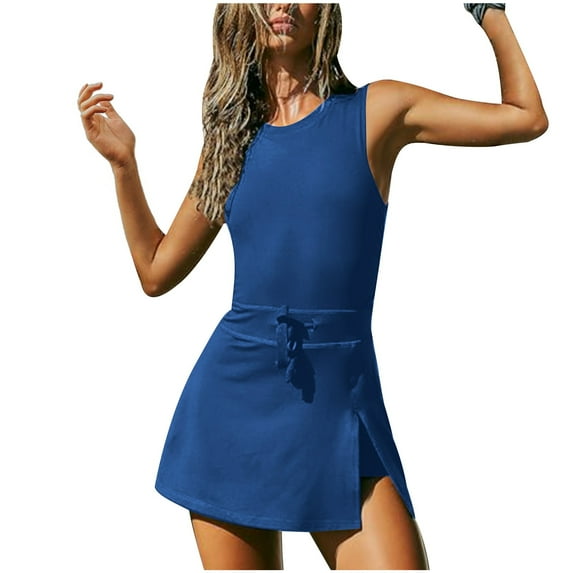 CFLVAEK Womens Tennis Dresses with Drawstring Athletic Sleeveless T Shirt Dress Active Fit and Flare Mini Dresses Athleisure Solid Side Slit Skirt Dresses