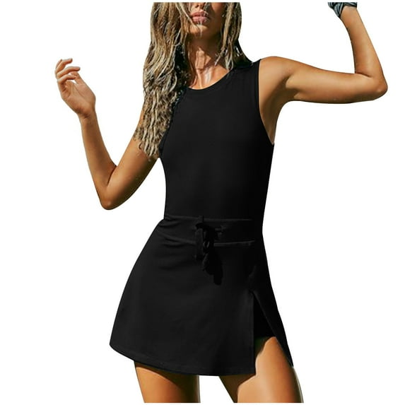 CFLVAEK Womens Tennis Dresses with Drawstring Athletic Sleeveless T Shirt Dress Active Fit and Flare Mini Dresses Athleisure Solid Side Slit Skirt Dresses