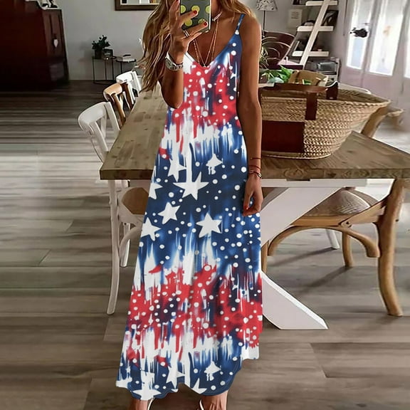 CFLVAEK Womens Tie Dye Dress Plus Size 4th of July Dress Loose Fit Spaghetti Strap Cami Maxi Dress Independence Day Patriotic Dress Summer Vacation Sleeveless V Neck Dress XXXL