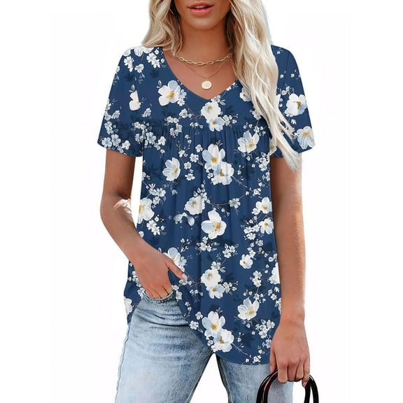 CFLVAEK Womens Tops Short Sleeve V Neck T Shirts Vintage Floral Graphic Tees Loose Fit Pleated Tunic Blouses Dressy Casual Summer Tees Blue M