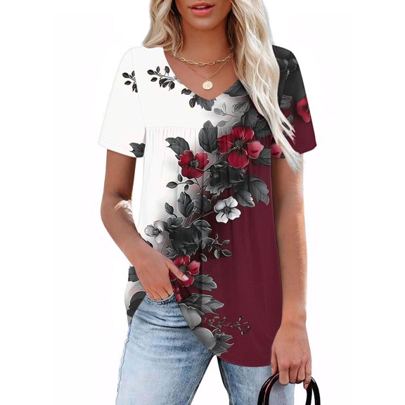 CFLVAEK Womens Tops V Neck Pleated Tunic Shirts Short Sleeve Casual Floral Graphic T Shirts Lightweight Going Out Tees Gifts for Women Pink M