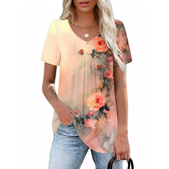 CFLVAEK Womens Tops V Neck Pleated Tunic Shirts Short Sleeve Casual Floral Graphic T Shirts Lightweight Going Out Tees Gifts for Women Yellow L