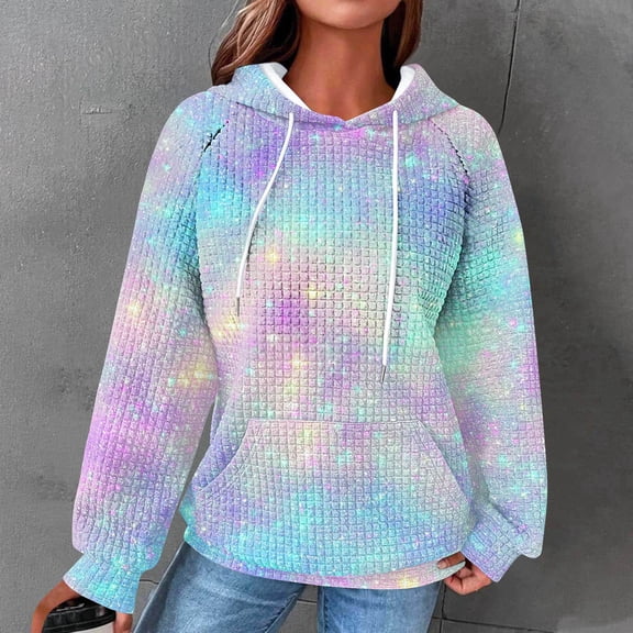 CFLVAEK Womens Waffle Knit Pullover Hoodie Fall Fashion Tie Dye Hoodies Loose Long Sleeve Tops with Pockets Multicolor L