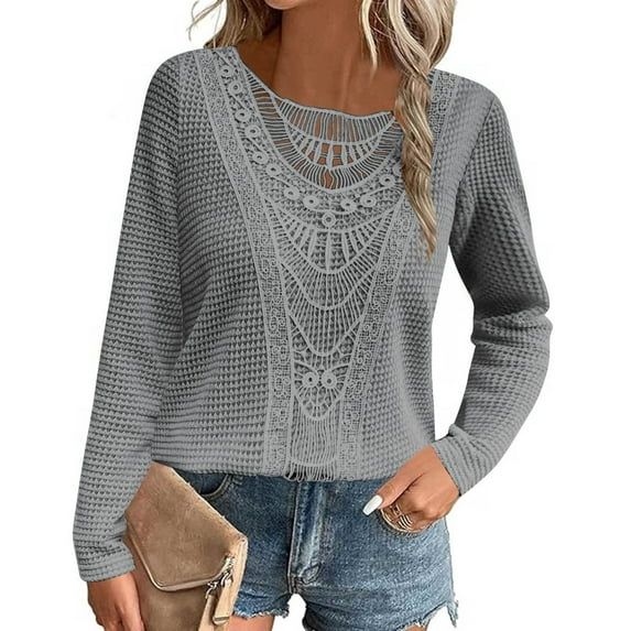 CFLVAEK Womens Waffle Knit Tunic Tops Long Sleeve Lace Shirts Hollow Out Knitted Blouse Trendy Casual Loose T Shirt Comfy Round Neck Tunics Basic Tees Gray XL