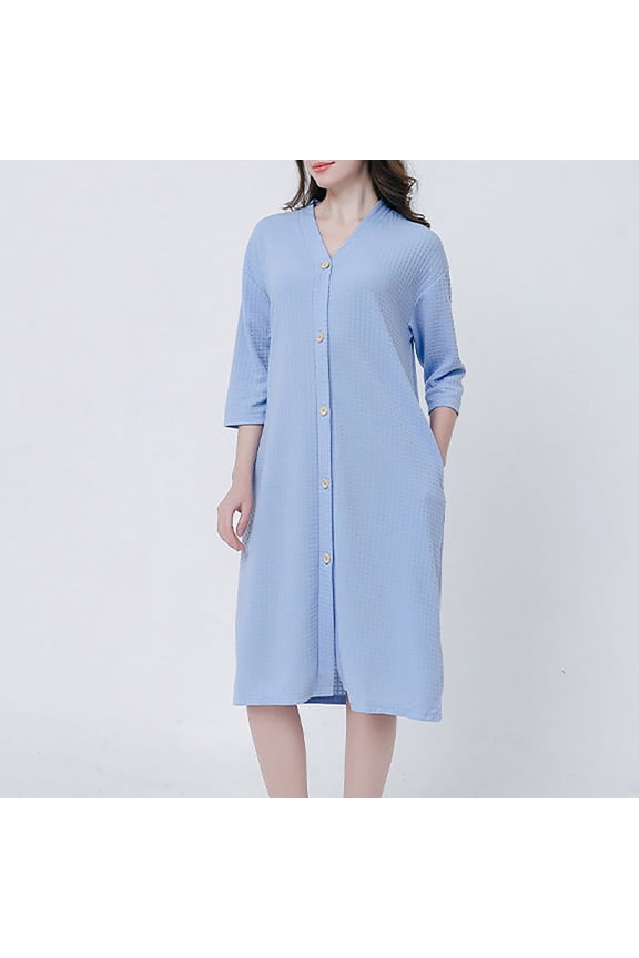 Womens Waffle Robes Lightweight 3/4 Sleeve Duster Robes Cozy Snap Front Sleepwear Plus Size Solid Color House Coat with Pockets Blue XL