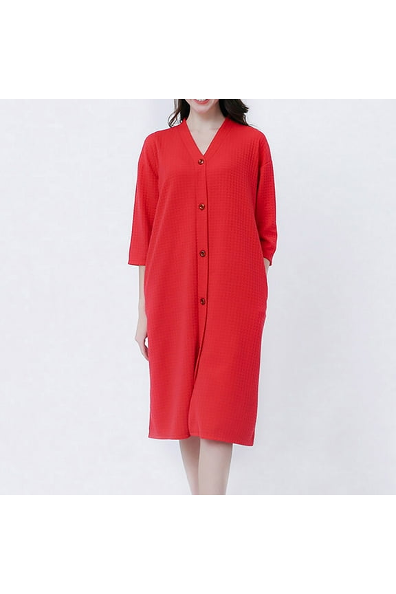 Womens Waffle Robes Lightweight 3/4 Sleeve Duster Robes Cozy Snap Front Sleepwear Plus Size Solid Color House Coat with Pockets Red XL