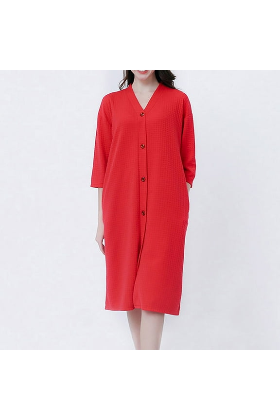 Womens Waffle Robes Lightweight 3/4 Sleeve Duster Robes Cozy Snap Front Sleepwear Plus Size Solid Color House Coat with Pockets Red XXXL