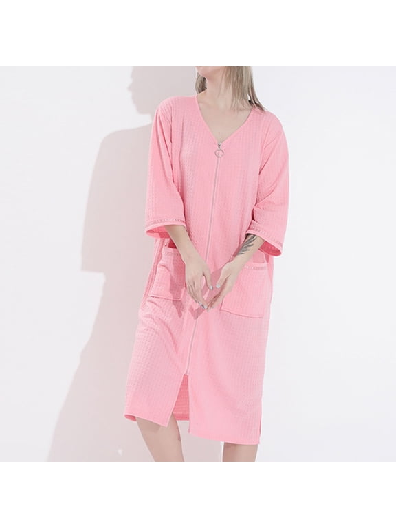 Womens Waffle Robes Lightweight 3/4 Sleeve Duster Robes Cozy Zip Up Sleepwear Plus Size Solid Color House Coat with Pockets