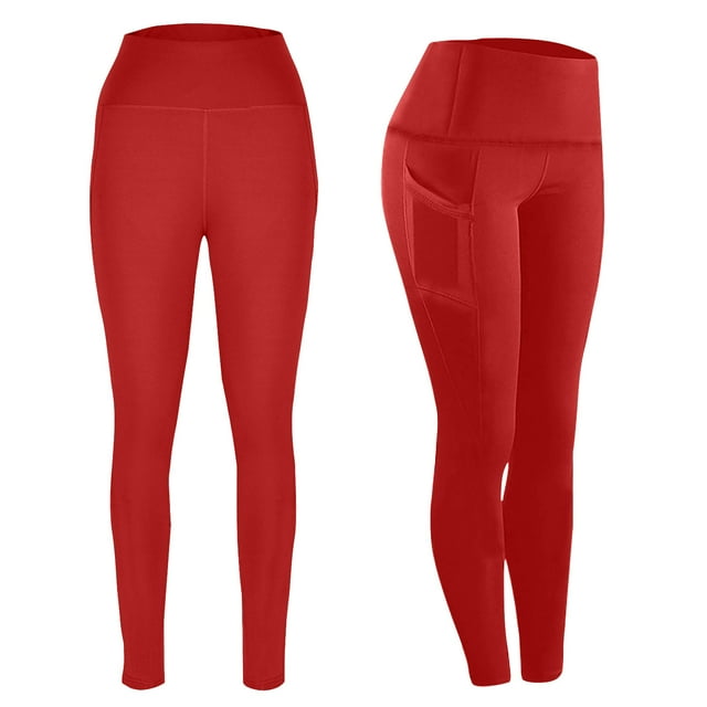 CFLVAEK Womens Yoga Leggings with Pockets Tummy Control Workout Legging Comfy Butt Lifting High Waist Leggings Pants Solid Color Running Trainning Pant Red S