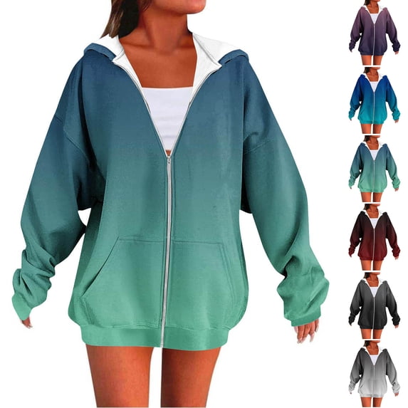 CFLVAEK Womens Zip Up Hoodie Fall Fashion Gradient Graphic Hoodies Jacket Loose Fitting Long Sleeve Hooded Sweatshirts with Pockets Sky Blue S