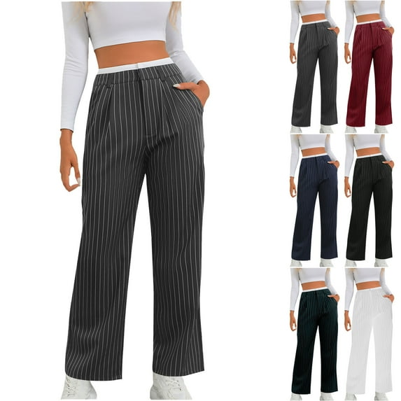 CFLVAEK Work Pants Women Trendy Striped Print Office Business Trousers Loose Fit Straight Wide Leg Slacks with Pockets Army Green L