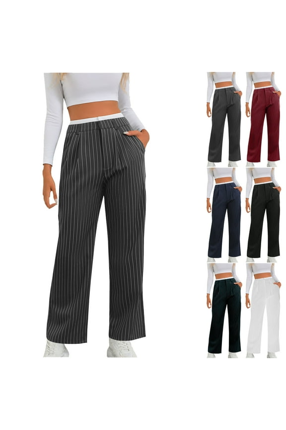 Work Pants Women Trendy Striped Print Office Business Trousers Loose Fit Straight Wide Leg Slacks with Pockets Black M
