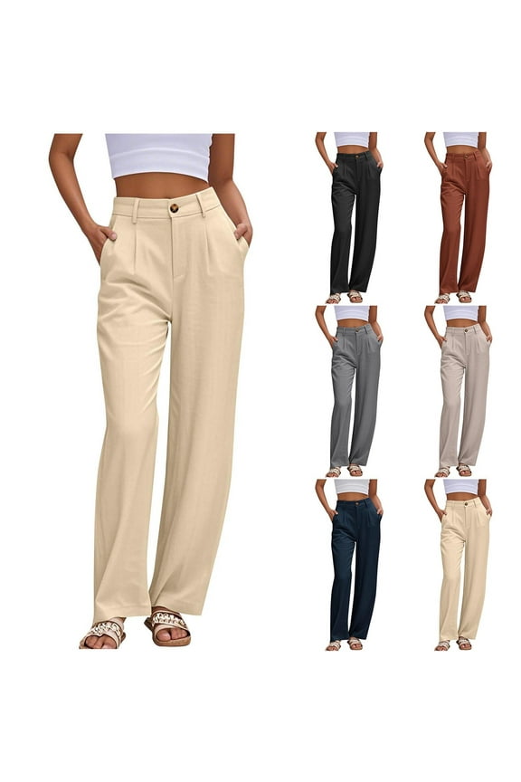 Work Pants for Women Cotton Linen Front Button Elastic Waist Pant Business Casual Straight Wide Leg Slacks Pant with Pockets Black L