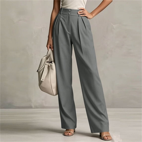 CFLVAEK Work Pants for Women Pleated Business Casual Straight Leg Trousers Solid Color High Waisted Dressy Trousers with Pockets Dark Gray L