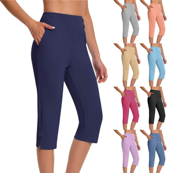 CFLVAEK Work Pants for Women Summer High Waisted Stretchy Capris Dressy Casual Capri Pants Pull On Slacks with Pockets Black S