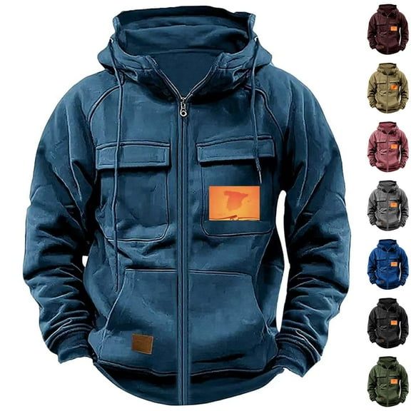 CFLVAEK Workout Hoodies for Men Big and Tall Zip Up Tactical Hoodie Sweatshirts Loose Fit Raglan Long Sleeve Hooded Jackets with Multi Pockets Blue XL