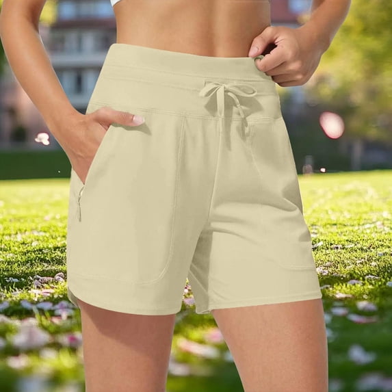 CFLVAEK Workout Shorts Women with Zipper Pockets Drawstring High Waisted Running Gym Shorts Khaki L