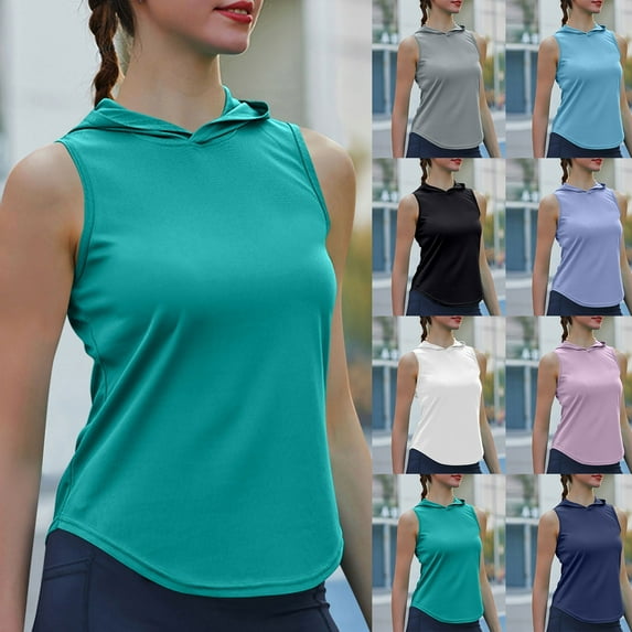 CFLVAEK Workout Tank Top for Women with Hood Loose Fit Sleeveless Yoga Tops Quick Dry Running Tennis Tank Tops Solid Color Curved Hem Shirts Sky Blue M