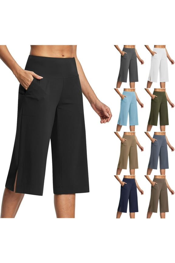 Capri Leggings for Women with Pockets Casual Summer Wide Leg Yoga Pants High Waisted Tummy Control Workout Capri Leggings Blue L