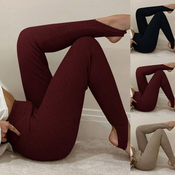 CFLVAEK Yoga Leggings for Women Fashion Stirrup Workout Pants Casual High Waisted Gym Fitness Pants Solid Color Knit Stripped Leggings Khaki L