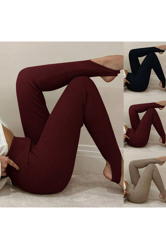 Yoga Leggings for Women Fashion Stirrup Workout Pants Casual High Waisted Gym Fitness Pants Solid Color Knit Stripped Leggings Wine M