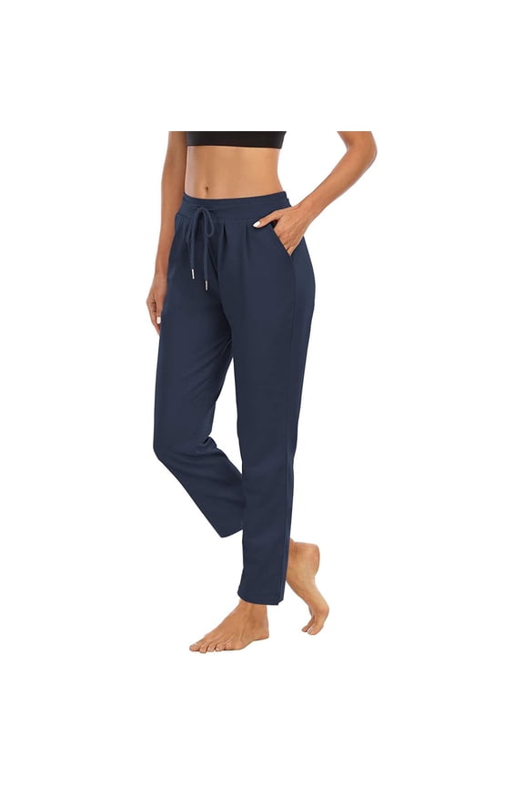 Yoga Pants Women Blue Tummy Control with Pockets and Drawstring Elastic Mid Rise Athletic Jogger Pant Stretch Solid Jogging Trousers Casual Full Length Lounge Yoga Leggings Navy M