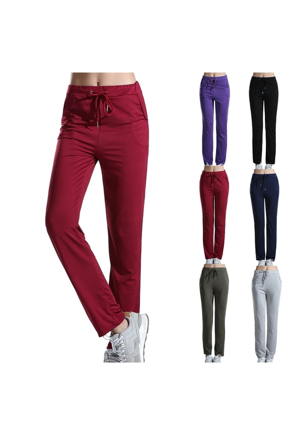 Yoga Pants for Women Drawstring High Waisted Workout Pant with Pockets Solid Color Slim Straight Leg Running Trousers Navy XL