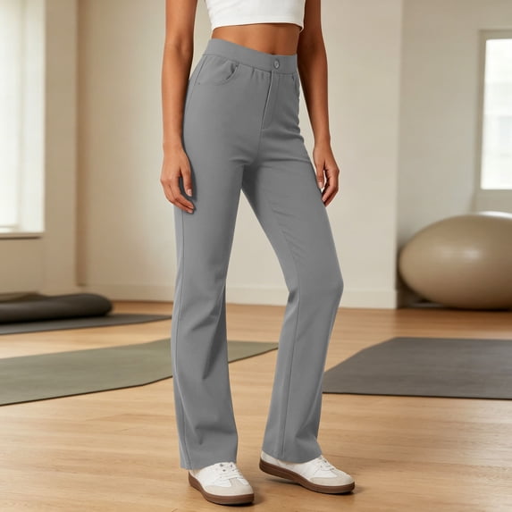 CFLVAEK Yoga Pants for Women with Pockets Casual Wide Leg Leggings Comfort Stretch High Waisted Workout Pant Gray S