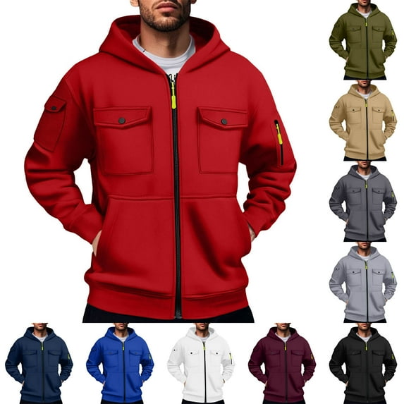 CFLVAEK Zip Up Hoodie Men with Multi Pockets Casual Long Sleeve Big and Tall Hoodies Solid Color Fall Winter Workout Hooded Sweatshirts Gray L