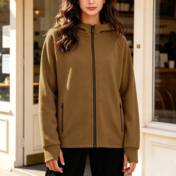 CFLVAEK Zip Up Hoodies for Women with Zipper Pockets Plus Size Raglan Long Sleeve Hooded Sweatshirts Trendy Fall Winter Hoodie Brown M