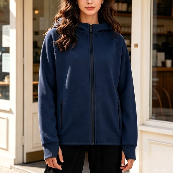 CFLVAEK Zip Up Hoodies for Women with Zipper Pockets Plus Size Raglan Long Sleeve Hooded Sweatshirts Trendy Fall Winter Hoodie Navy S